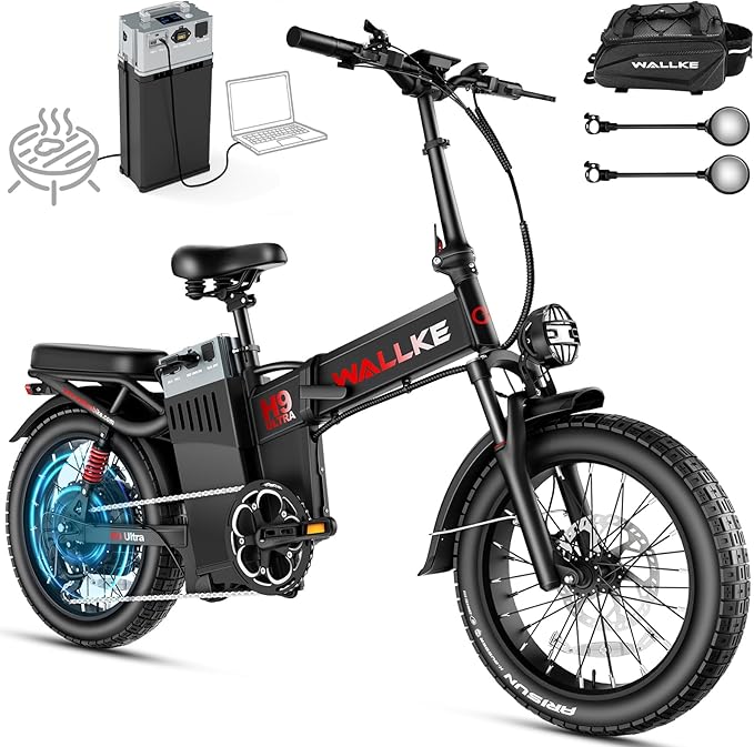 Wallke H9 Ultra 4000W Long Range Electric Bike for Adults, 55Ah 2640Wh 180 Mile, 37MPH Fast Ebike, 2-in-1 Battery AC/DC Power Hub & AC/Solar-Charging, Torque Sensor, Air Suspension,20" Fat Tire E Bike