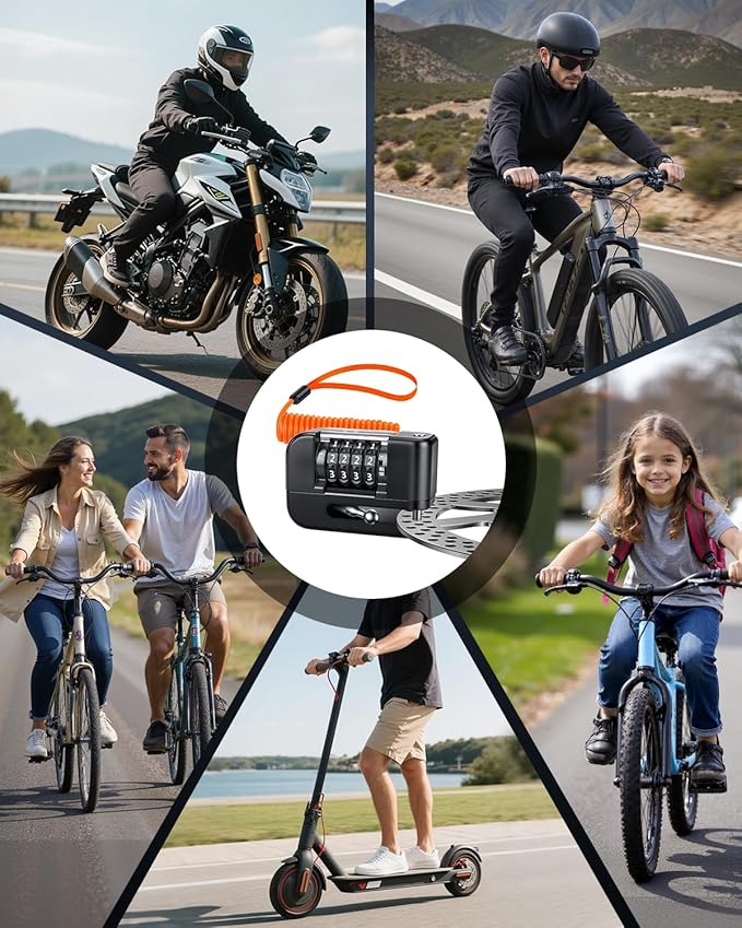 Onvian Motorcycle Locks Anti Theft, 4-Digit Code Motorcycle Disc Brake Lock High Security 7mm Pin & 5FT Reminder Cable, Waterproof Portable Motorcycle Helmet Lock