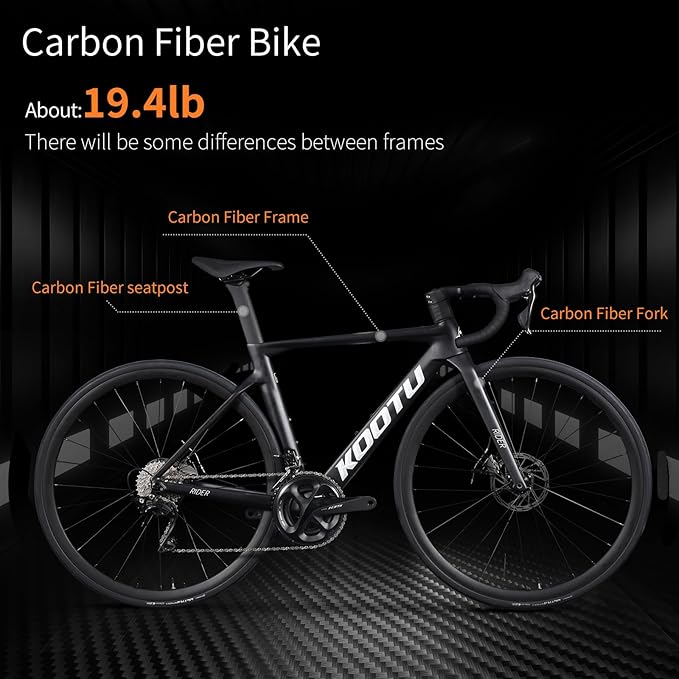 KOOTU Carbon Road Bike, T800 Lightweight Carbon Fiber Frame Racing Bicycle with 105 R7000 22 Speed Groupset and Wire-Pull Disc Brake for Man and Woman