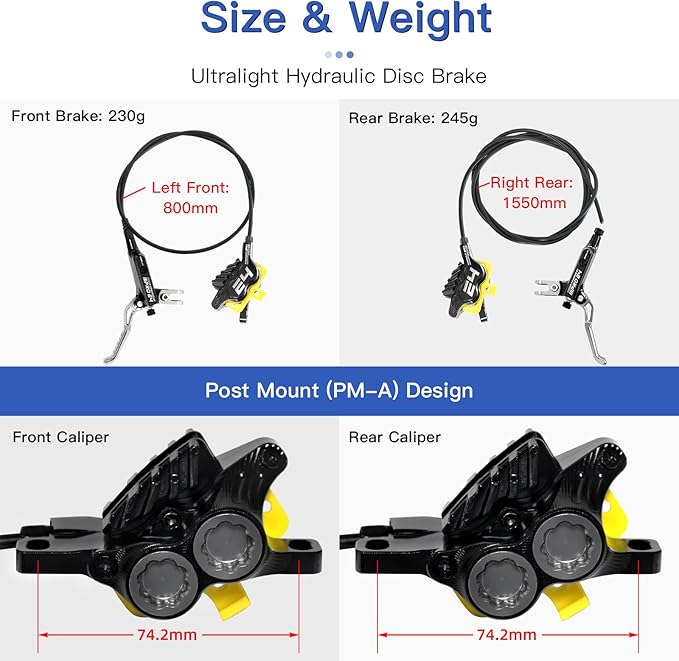 ZTZ IIIPRO E4 MTB Hydraulic Disc Brake Set, 4-Piston Hydraulic Brake Kit with Ceramic Brake Pads for Mountain Bike（Pre-Bled, Front 800mm and Rear 1550mm）