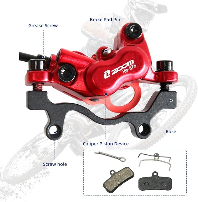 Z00M HB876 4-Pistons Hydraulic Disc Brake Set, MTB Hydraulic Brakes Right Rear 1450mm Mountain Bike Brakes Bicycle Disc Brake for eBike, Mountain Bike, Road Bike, Fat Bike(Pre-Bled)