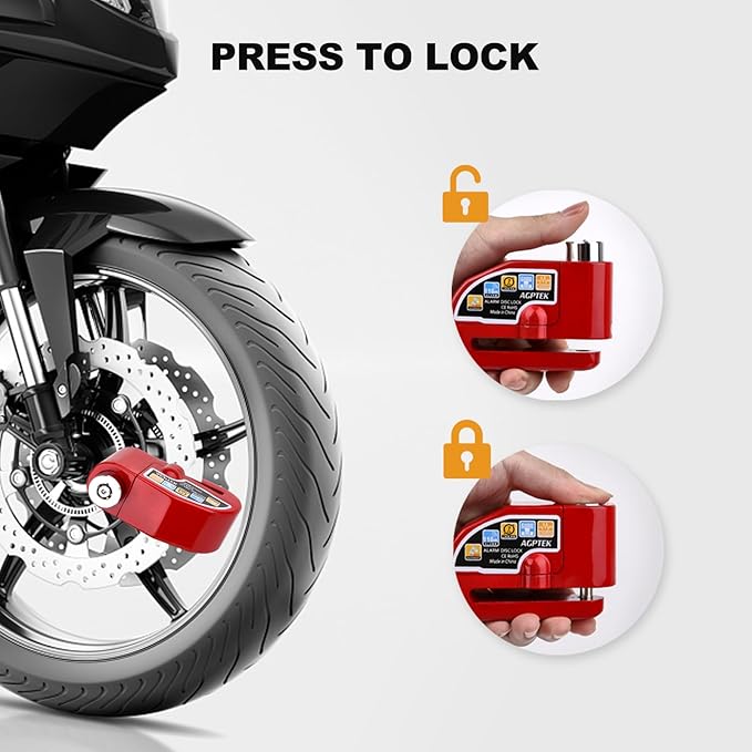 AGPTEK 110dB Motorcycle Brake Lock with 5FT Reminder Cable, Anti-Theft Padlock Waterproof with Lock Pin Carrying Bag for Motorcycle Bike Scooter
