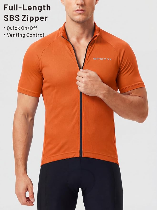 Spotti Men's Cycling Bike Jersey Short Sleeve with 3 Rear Pockets- Moisture Wicking, Breathable, Quick Dry Biking Shirt