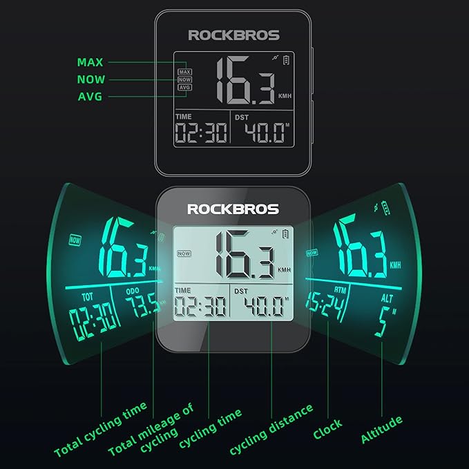 ROCKBROS GPS Bike Computer with Mount, Cycling Computer with Automatic Backlight, Bicycle Odometer IPX6 Waterproof and 600mAH Battery Large Display Screen