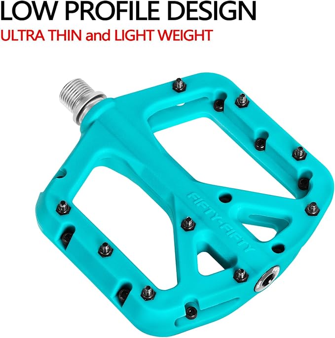 FIFTY-FIFTY Mountain Bike Pedals, Non-Slip MTB Nylon Composite, 9/16" Bicycle Pedals, Lightweight and Wide Flat Platform
