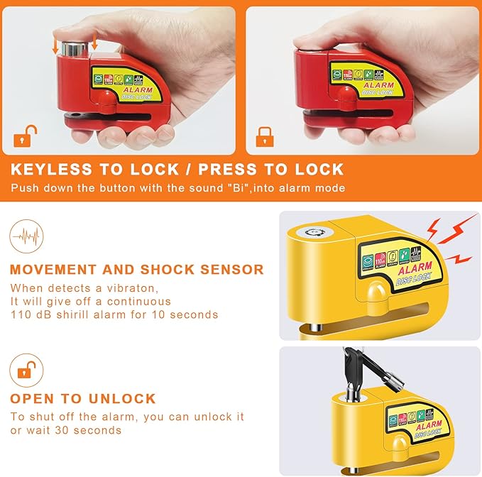 Motorcycle Alarm Disc Brake Lock, Motorcycle Locks Anti Theft Security Wheel Disc Lock Waterproof 110dB Alarm Sound with 5ft Reminder Cable Keys and Carry Pouch for Motorbike Bike Scooter