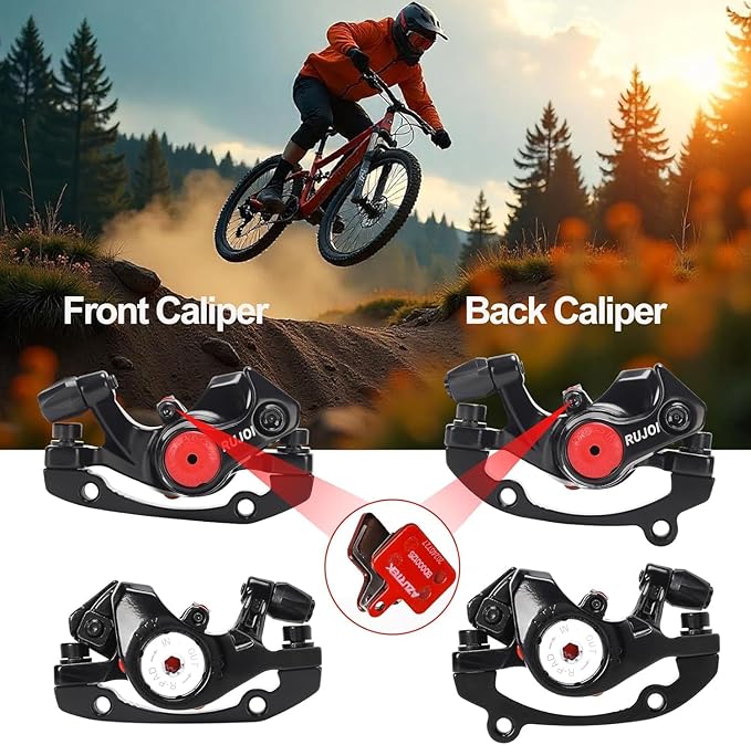 RUJOI Mechanical Disc Brake Caliper Set -Universal Front and Rear MTB Brake Calipers for Mountain, Road and Folding Bikes - Cable Actuated Update Replacement with Advanced Pad Adjustment&CPS Alignment
