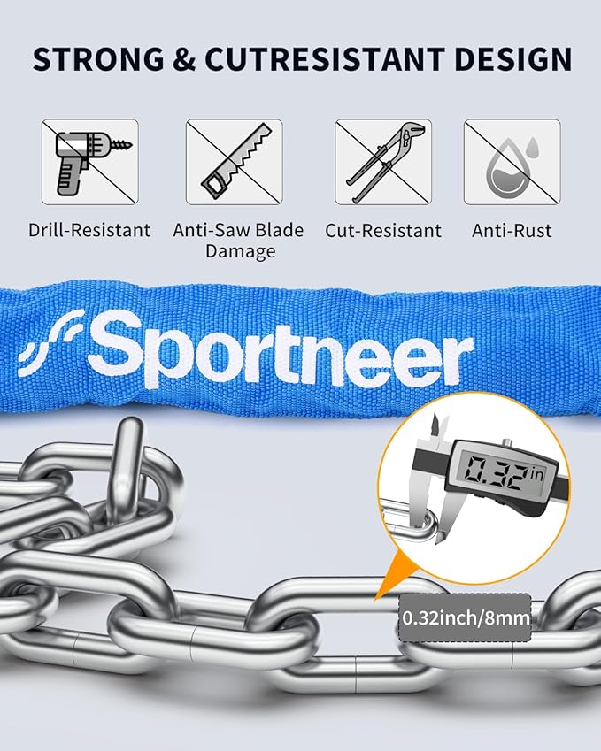 Sportneer Bike Lock - 8mm Thick High Security Anti Theft Bike Chain Lock with 2 Keys- 3.2ft Long Heavy Duty Anti-Cut Bicycle Lock for Bike, Motorcycle, Bicycle, Door, Gate, Fence, Grill - Blue