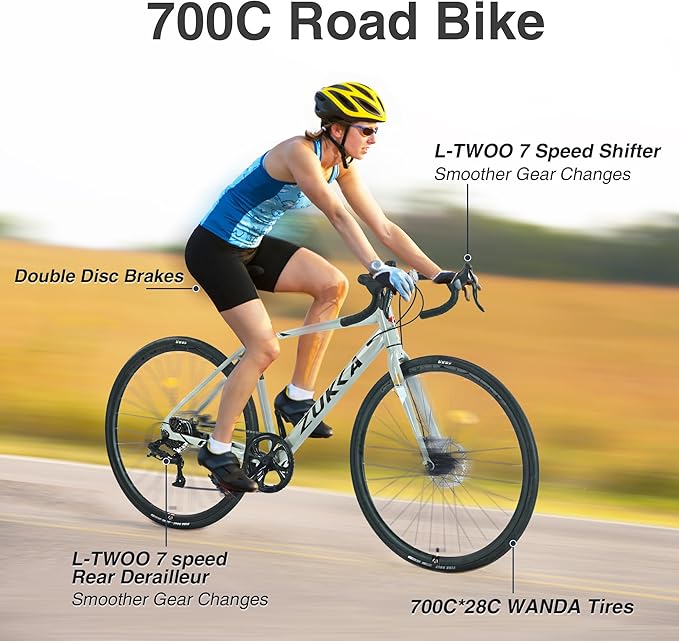 7 Speed Road Bike,700C Wheel Road Commuter Bicycle with Dual Disc Brakes,Light Aluminum Alloy Frame,Adult Faster Racing Bike for Men and Women