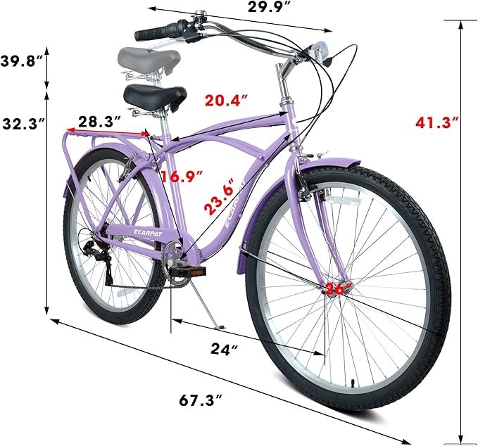 26 Inch 7-Speed Beach Cruiser Bike for Men & Women, Step-Through Comfort Frame, Upright Riding Position, Alloy Wheels & V-Brakes for Commuting & Leisure