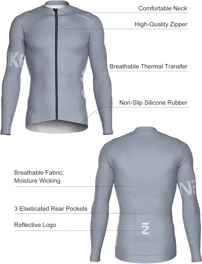 INBIKE Cycling Jersey Men, Long Sleeves Quick Dry Bike Shorts with Pockets, Moisture Wicking Bicycle Tops for Road Biking MTB
