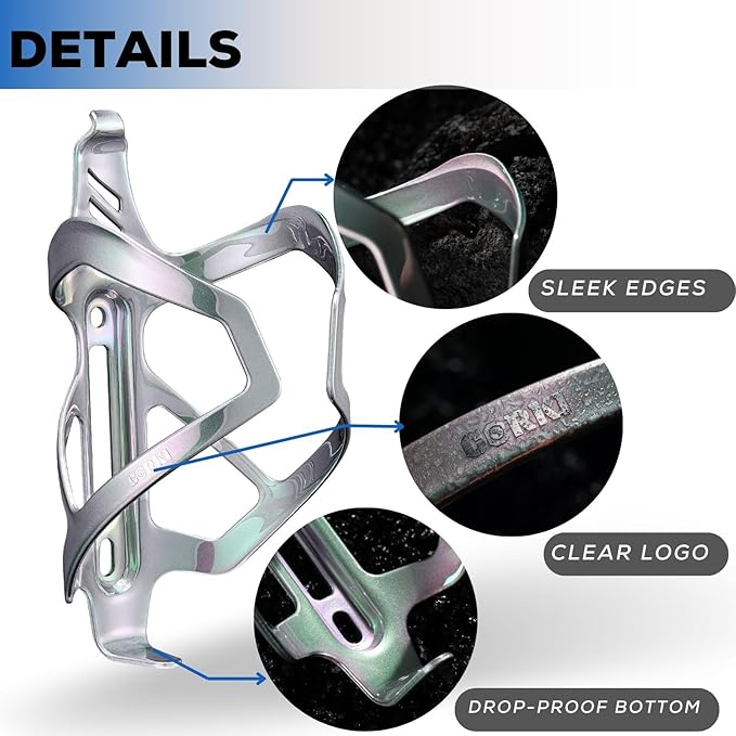 Corki Cycles Heavy Duty Bike Water Bottle Holder, Lightweight Aluminum Cage Shockproof Design for Road Mountain Gravel Bikes, Holds 18-30 oz, 1-Pack Iridescent Silver
