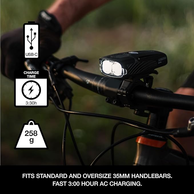 NiteRider Lumina Dual 1500 Lumen USB-C Rechargeable Dual LED Front Bike Light - 7 Modes Powerful Lumens IP64 Waterproof Bike Headlight Easy Mount Single Button Control MTB, Trail, Enduro, Road Cycling