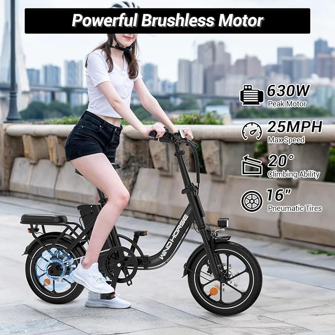 RIDWIND 16" Folding Electric Bike Adults, Peak 630W Adult Electric Bicycles, Up to 25 MPH and 35 Miles Foldable Ebikes, Electric Bike for Teens with 36V 8Ah Removable Battery, UL2849 Certificate
