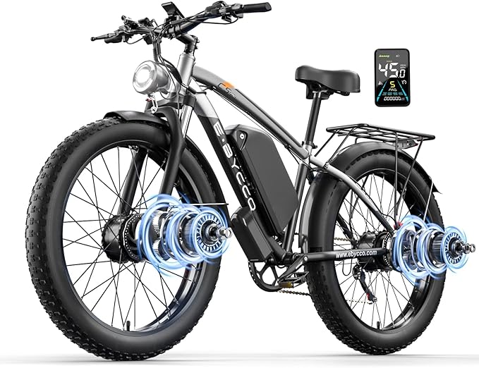 E·Bycco 5000W Peak Dual Motor Electric Bike for Adults, 24" Fat Tire Ebikes 52V 32AH, Max 45 MPH, 100 Miles Long Range, Hydraulic Brake, Pedal Assist Mountain Electric Bicycle