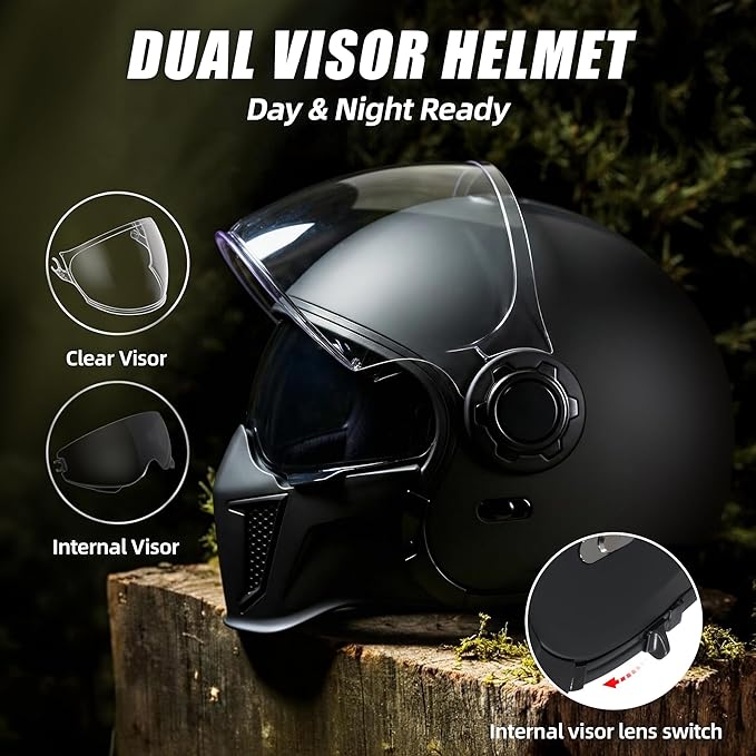 TRIANGLE Full Face Motorcycle Helmets,Off-Road Motocross Helmet for Men & Women,Dual Visor with Internal Tinted Sunshield,Open Face 3/4 Adult Racing Helmet DOT Approved(L)