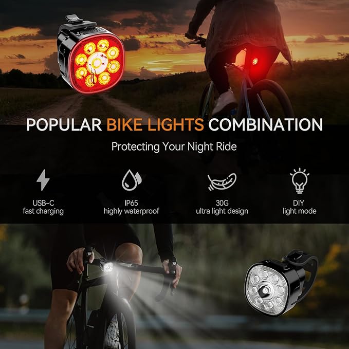Bike Lights Kit 9LED Bike Headlights High & Low Beams, Ultra-Light and Bright Bicycle Lights, Waterproof Bike Lights for Night Riding, USB-C Bicycle Front and Rear Lights