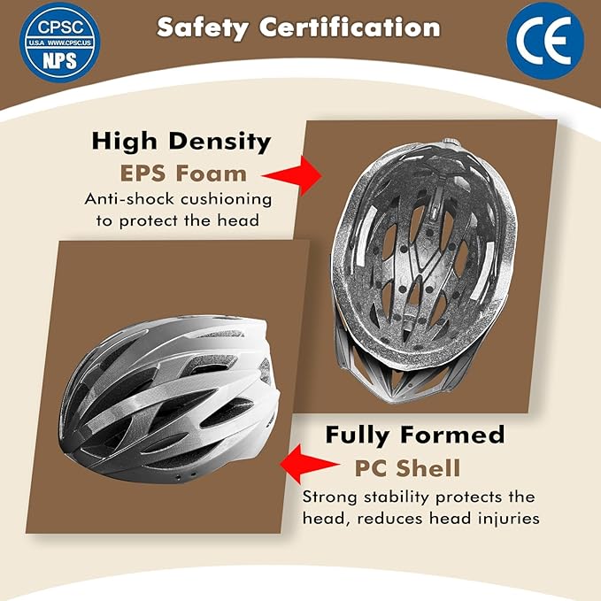 Road Bike Helmet Adult Men & Women, Adjustable Lightweight Design (22-24.5 Inches) - Vented, Removable Visor & Reflective White, for Day and Night Commuting & Sports | CPSC Certified