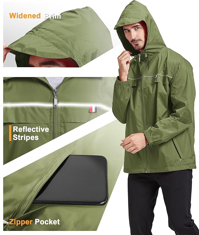 GEEK LIGHTING Rain Jacket Men Lightweight Waterproof Jackets Packable Windbreaker Hooded Raincoat for Golf Cycling Outdoor