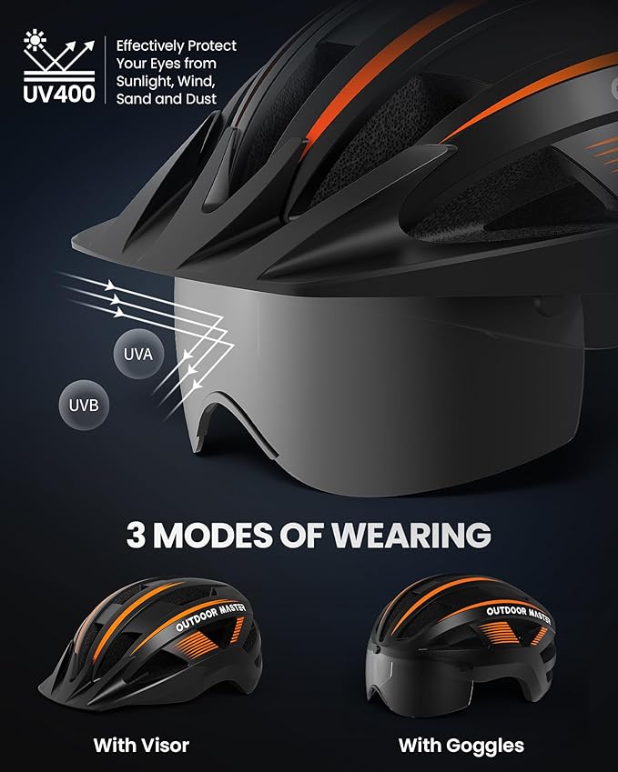 OutdoorMaster Adult Bike Helmet - Bicycle Helmet with Rechargeable Rear LED Light, Detachable Magnetic Goggles, Removable Sun Visor - Suitable for Commuting and Cycling for Men and Women