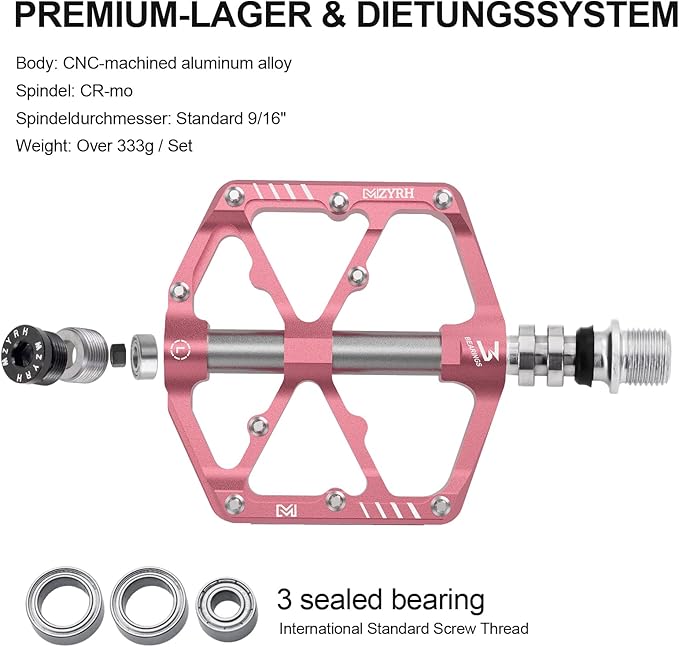 MZYRH 3 Bearings Mountain Bike Platform Pedals - Flat Alloy 9/16" Non-Slip Bicycle Pedals