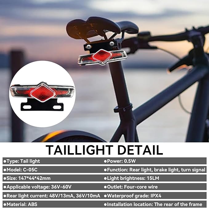 Ebike Headlight and Tail Light Sets, Ebike Light Kit Front Rear Warning Lights with Turning Light, Brake Light, Horn for Riding Cycling