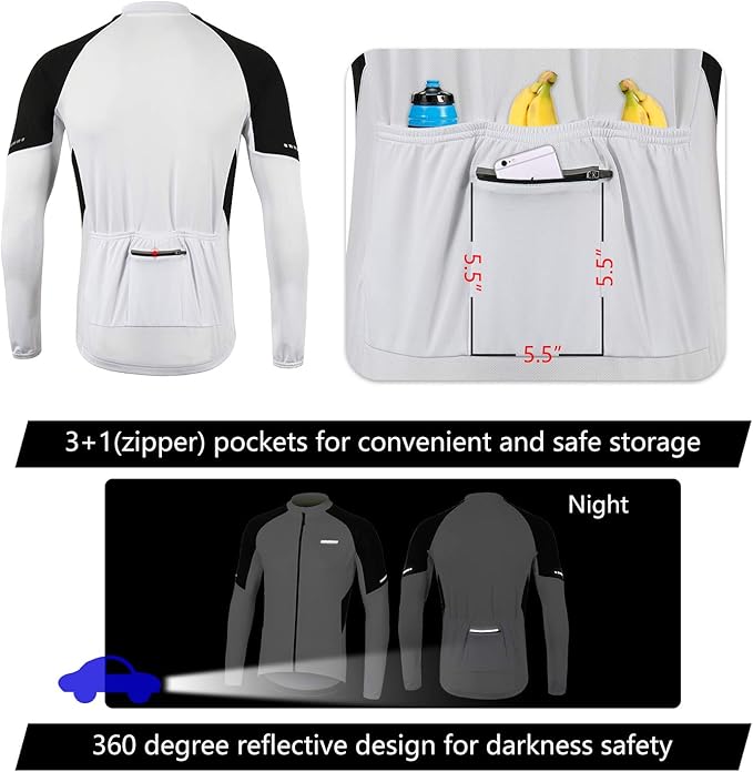 BERGRISAR Men's Basic Cycling Jerseys Long Sleeves Bike Bicycle Shirt Zipper Pockets BG012
