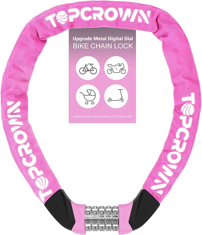 Bike Chain Lock Upgrade Metal Digital Dials 3.2Ft Long High Security Heavy Duty Anti Theft, 5 Digit Combination Keyless Bicycle Lock for Bike/Electric Scooter/Ebike/Motorcycle(Pink)