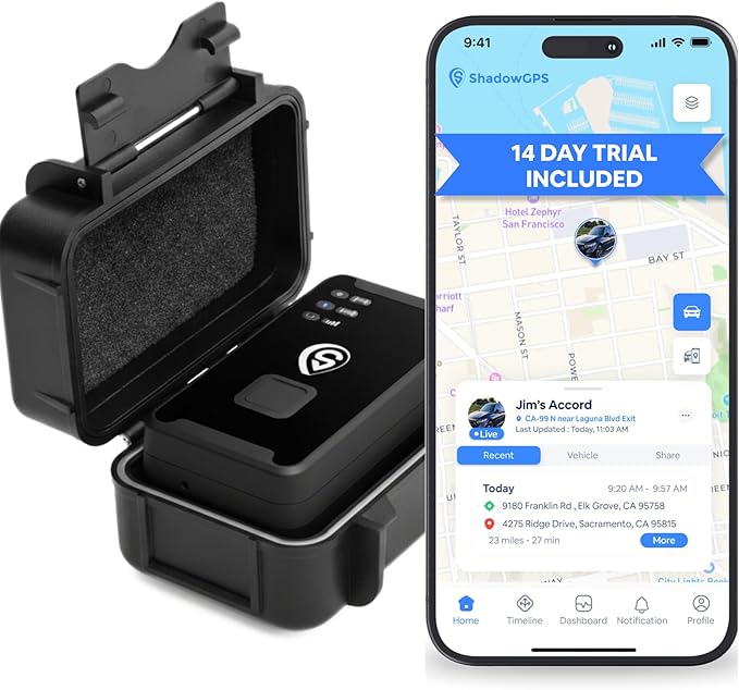 GPS Tracker with Magnetic Mount for Vehicles – Real Time Car Tracker with Trip History, Driving Alerts, GeoFence for Fleets & Family – 14 Days Trial, Rechargeable Battery (ShadowTrack with Case)