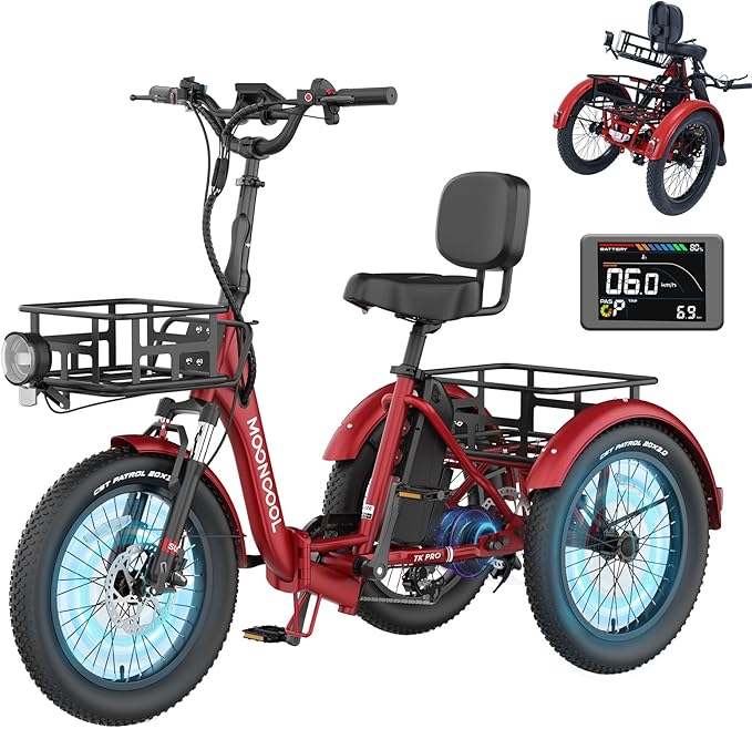 MOONCOOL Electric Trike for Adults, 500W/750W 48V Electric Tricycle for Adults Peak Power 1500W, 20"x3.0" Fat Tire 3 Wheel Electric Bike, Folding Aluminum Adult Tricycle with Removable Battery