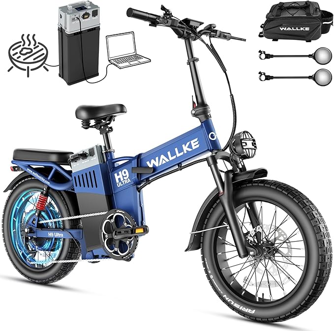 Wallke H9 Ultra 4000W Long Range Electric Bike for Adults, 55Ah 2640Wh 180 Mile, 37MPH Fast Ebike, 2-in-1 Battery AC/DC Power Hub & AC/Solar-Charging, Torque Sensor, Air Suspension,20" Fat Tire E Bike