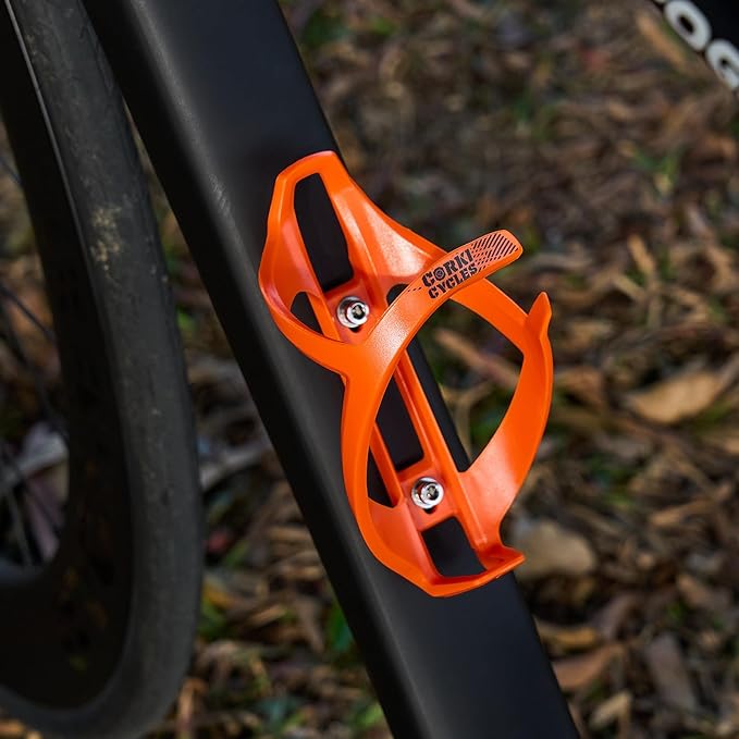 corki Cycles Bike Water Bottle Holder Right Side Load Water Bottle Cage for Road, MTB, Gravel Bicycle Vibrant Orange 2 Pack