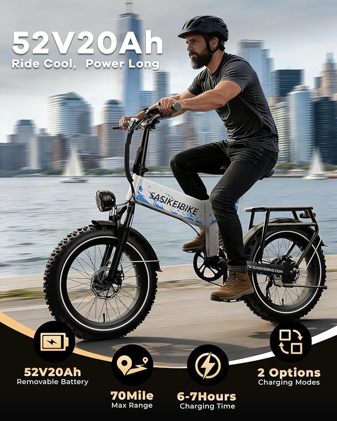 1500W Folding Electric Bike for Adults,52V 20Ah Removable Battery Ebike with 30+MPH 70 Miles Max,20" x4.0 Fat Tire E-Bike, Foldable Dual Suspension Electric Bicycle for Commute,Mountain