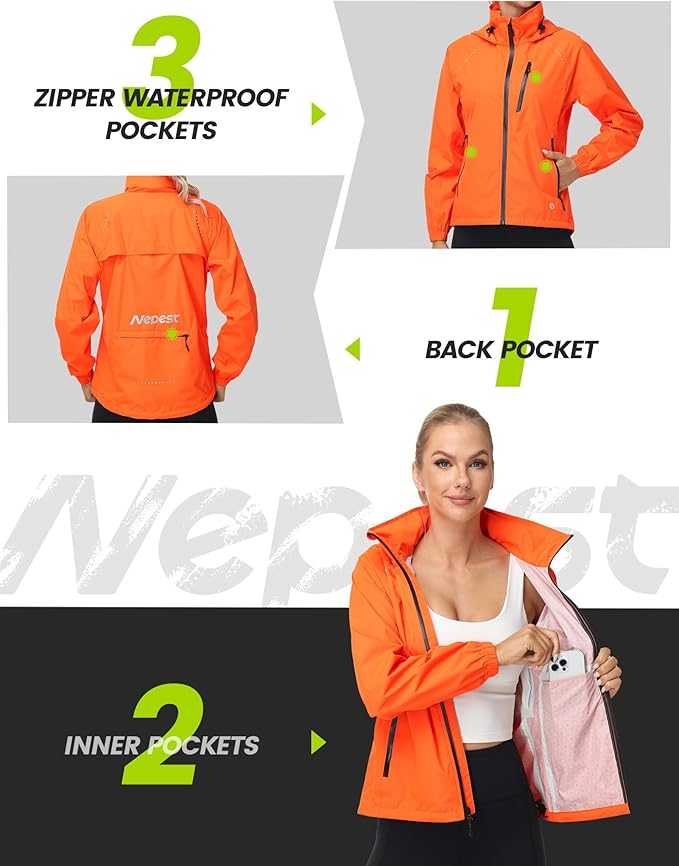 Nepest Womens Cycling Rain Jackets Lightweight Waterproof Biking Running Windbreaker UPF 50+ Reflective Packable Hooded