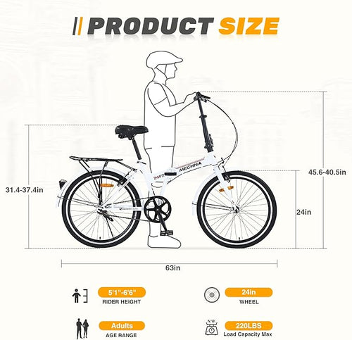 24 inch Folding Bike Single Speed V Brake City Commuter Bicycle with Mudguard for Men Women Daily Commuting