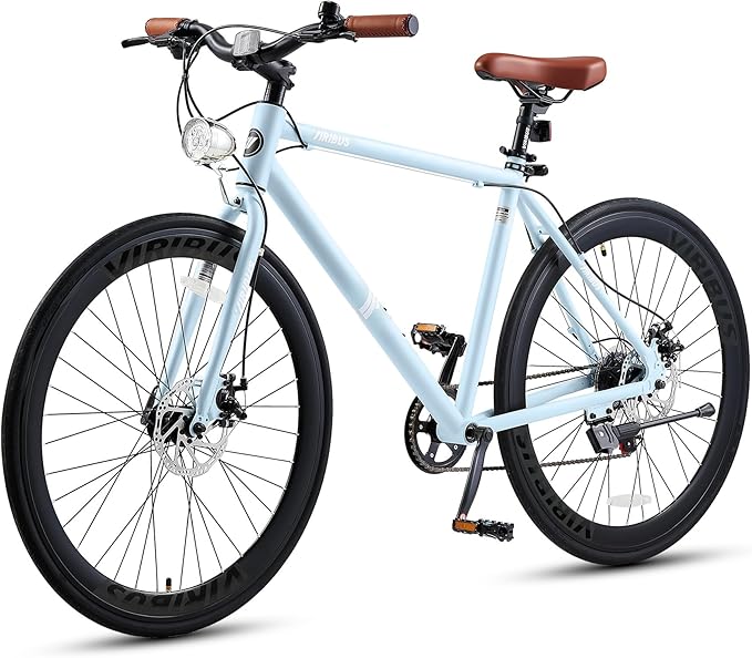 VIRIBUS Hybrid Bikes, 28 inch Mens Hybrid Bicycle 7 Speed with Lightweight Aluminum Frame & Disc Brakes, 700C Retro Vintage Adult Bike for Tall Men & City Commuters, 85% Pre-Assembled