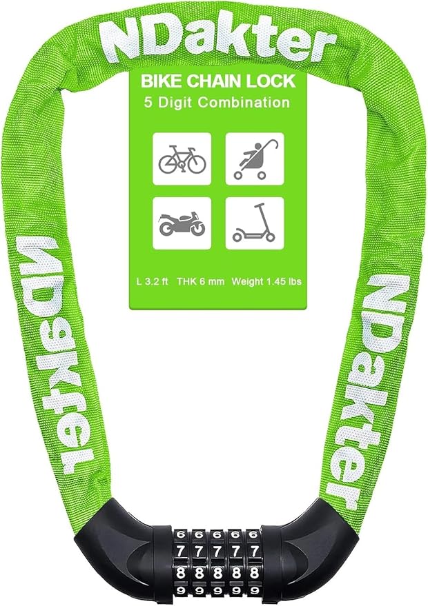 NDakter Bike Lock, 5 Digit Combination Heavy Duty Anti Theft Bicycle Chain Lock, 2.62/3.2/4.27/5/6Ft Long, High Security Resettable, Suitable for Bike, Scooter, Door, Gate, Fence-4/6mm Thick