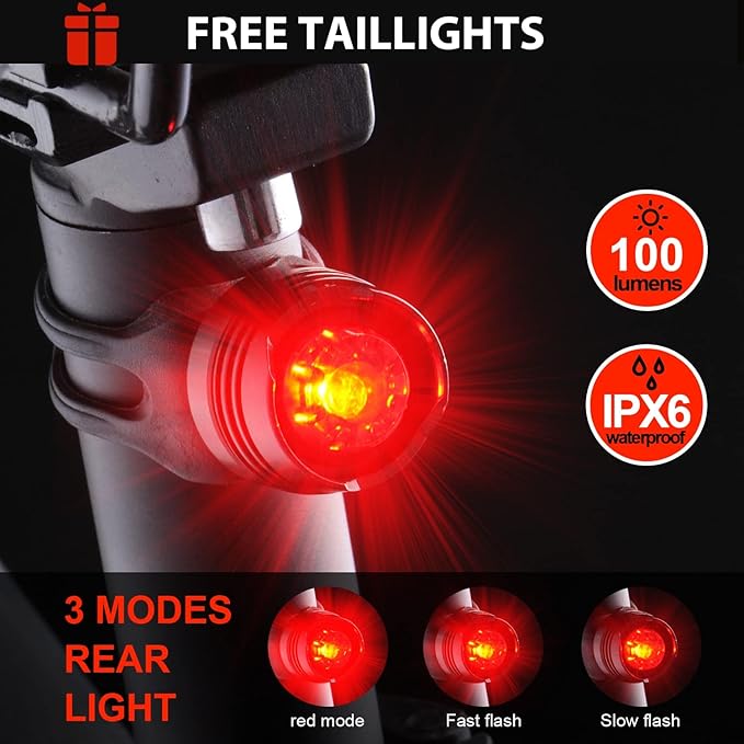 Victagen 5000 Lumens 3LED Bike Lights for Night Riding, Super Bright Front and Back Bike Headlight, USB Rechargeable, 6 Modes