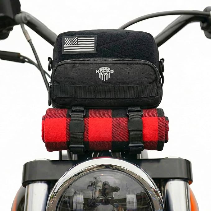 Nomad Motorcycle Handlebar Bag Universal Fit Bike Fork Bag Converts to Shoulder Carry Bag, Keys/Phone/Wallet Storage Tool Pouch w/Roll Bag Straps for Cruisers, Dirt Bike, Street Sportsbike (Black)