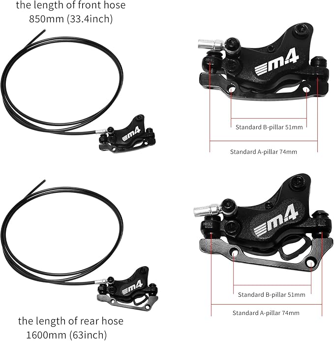 ZTZ 4-Piston Internal Routing Hydraulic Brake Set, Front 850mm and Rear 1600mm Hydraulic Disc Brake for eBike Mountain Bike,Pre-Bled Hydraulic Brake Kit with Mounting Adapter (Only Front)