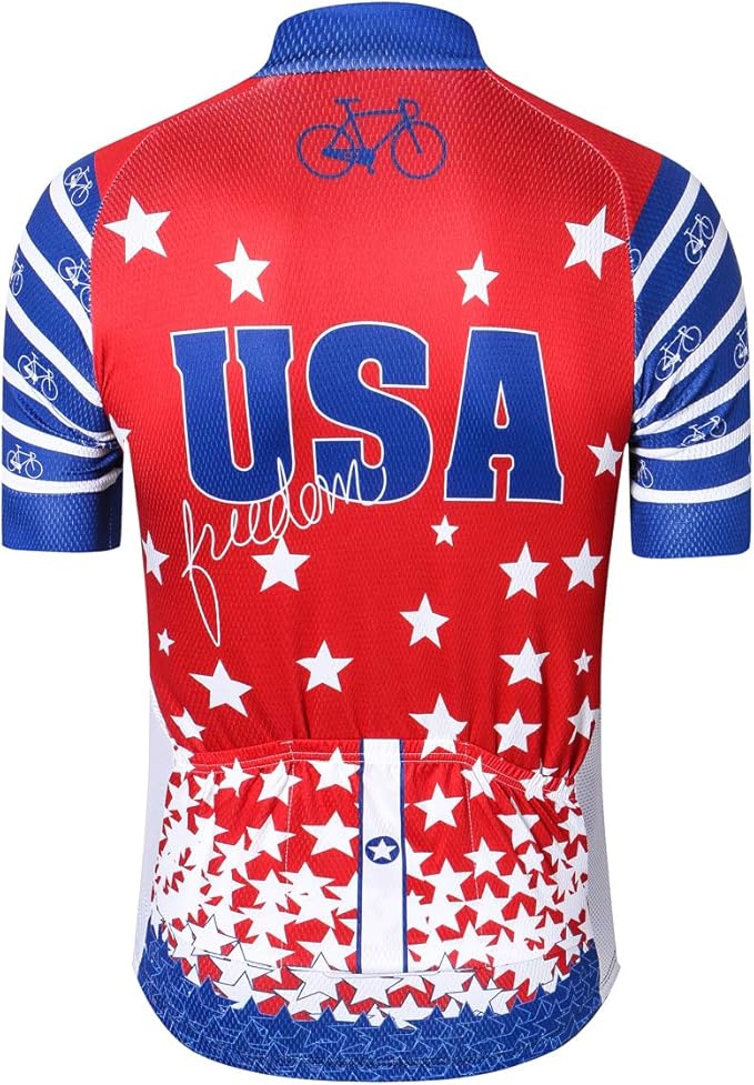 Cycling Jersey Short Sleeve USA Style Bike Tops with Pocket Reflective Stripe