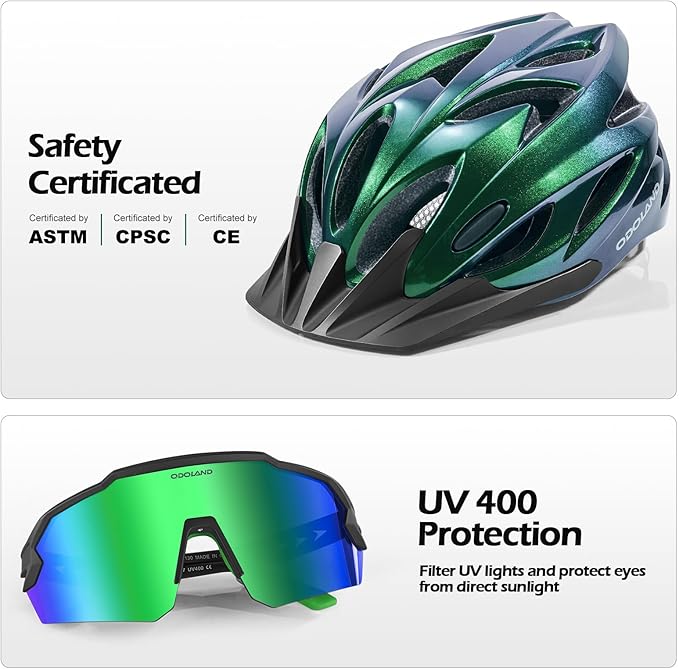 Odoland Adult Bike Helmet and Cycling Sunglasses Set for Men & Women, Safety Certified Bicycle Helmet with UV Protection Glasses for Mountain, Skating, Road, City Commuting & Outdoor Riding