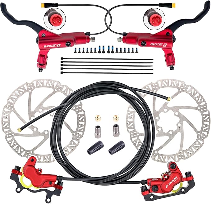 Zoom HB876E 2-PIN/3-PIN 4-Pistons E-Bike Electric Power-Off Hydraulic Brake Set with 180mm Rotors, Pre-Bled Hydraulic Disc Brake Caliper Lever for eBike (Included Mounting Adapter)
