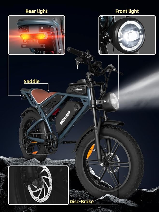 DEEPOWER Electric Bike for Adults,1500W Peak Motor,30MPH Ebike,48V 960WH Battery, 35-50 Miles,20" Fat Tire Electric Dirt Bike, Shaman0 7-Speed Ebikes
