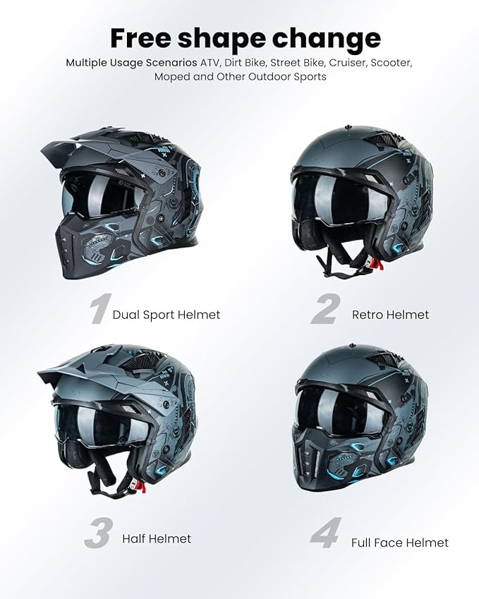 ILM Open Face Motorcycle 3/4 Half Helmet for Men and Women, Vintage Retro Helmet with Visor for Moped ATV Cruiser Scooter DOT Model Z302(Blue Mecha,Medium)