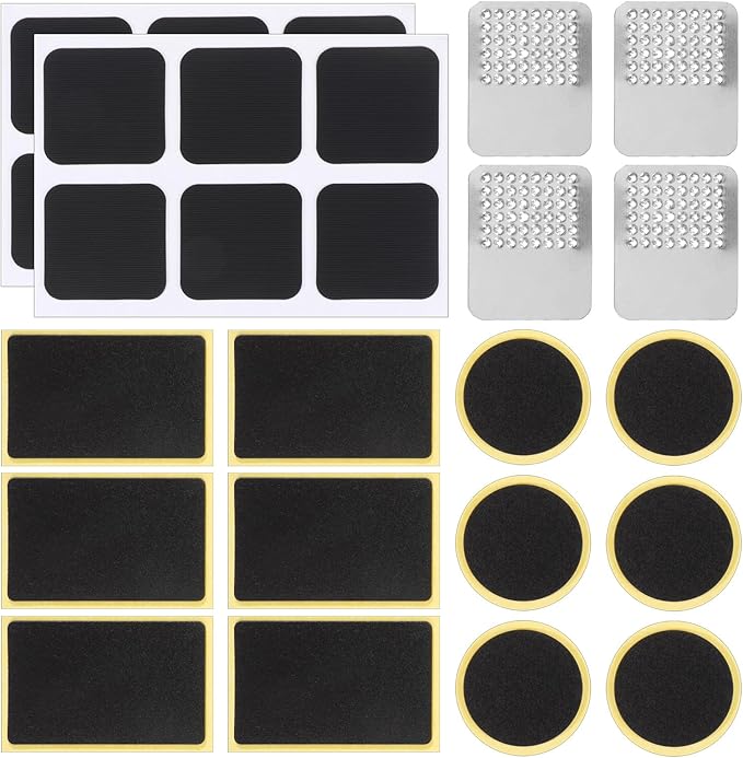 40 Pcs Bicycle Tire Repair Kit Glueless Bike Tube Patche Includes 36Pcs Self Adhesive Round Square Rectangle Patches and 4Pcs Metal Rasps with Box for Road Mountain Bikes Cycling