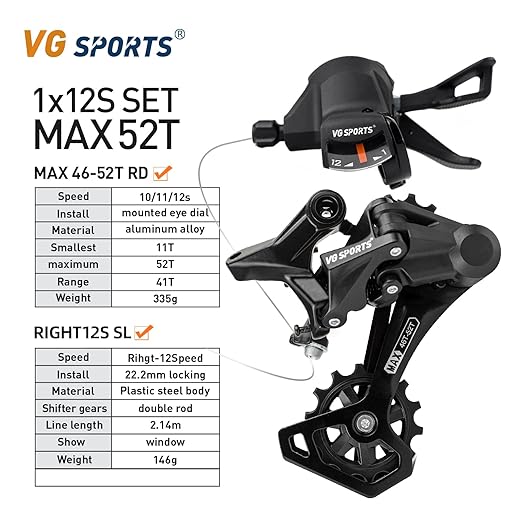VG Sports 12 Speed MTB Groupset Bike Chain 11-52T Cassette 1x12 Speed Rear Derailleur& Shifter (12S 11-52T Set)