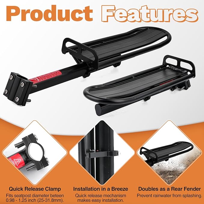 ZUKKA Rear Bike Rack Adjustable Aluminum Alloy Bicycle Cargo Rack with Quick Release Clamp Includes Tie Straps