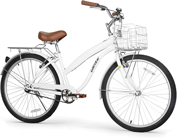 WEIZE Beach Cruiser Bike, 26 inch Commuter Bicycle for Adult Men and Women,High-Carbon Steel/Front & Rear Fenders, Comfortable City Bikes with Rear Rack or Basket, Ergonomic Upright Design
