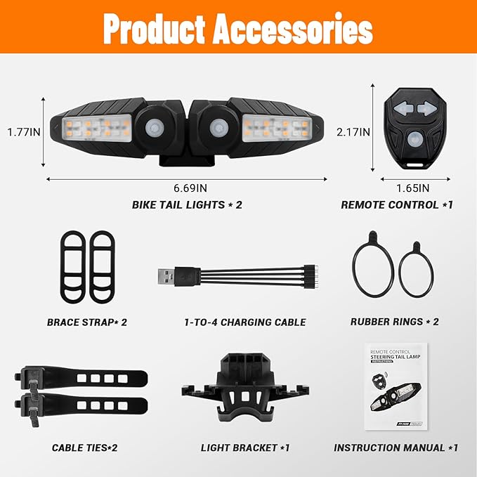 Bike Turn Signals with Projector 5 Modes USB Rechargeable Bike Tail Light Remote Control Waterproof Split Ebike Bicycle Turn Signals Front and Rear for Night Riding and Commuting Safety-4PCS